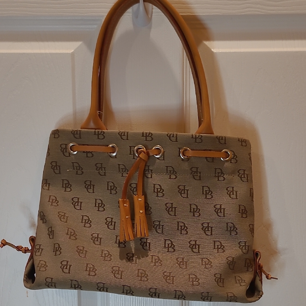 Authentic Dooney & Bourke Brown Monogram Shoulder Bag Leather Accents